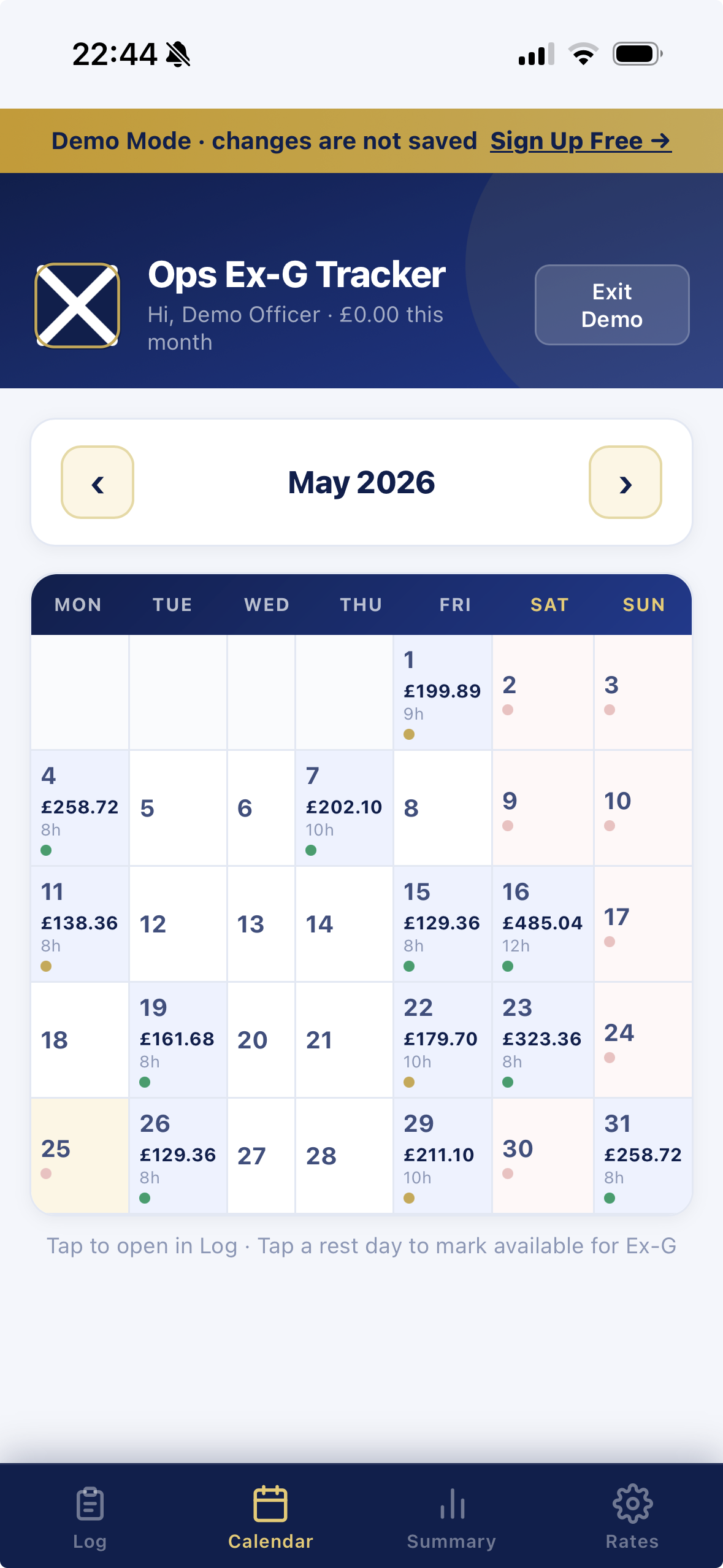 Ops Ex-G calendar view